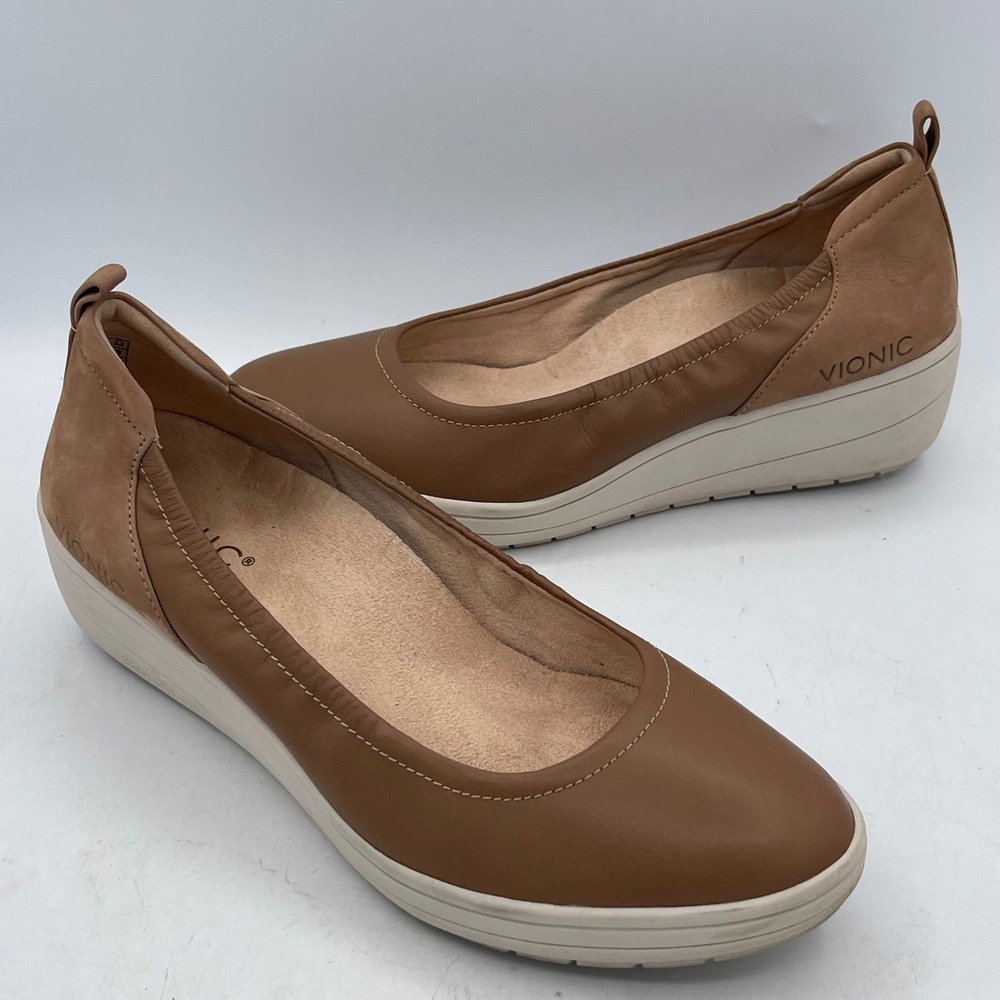 Vionic Jacey Tan Leather Suede Wedge Slip On Sneakers Shoes Womens 7 GS:03-2021